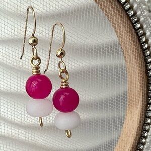 Bright Pink White & Gold Beaded Earrings